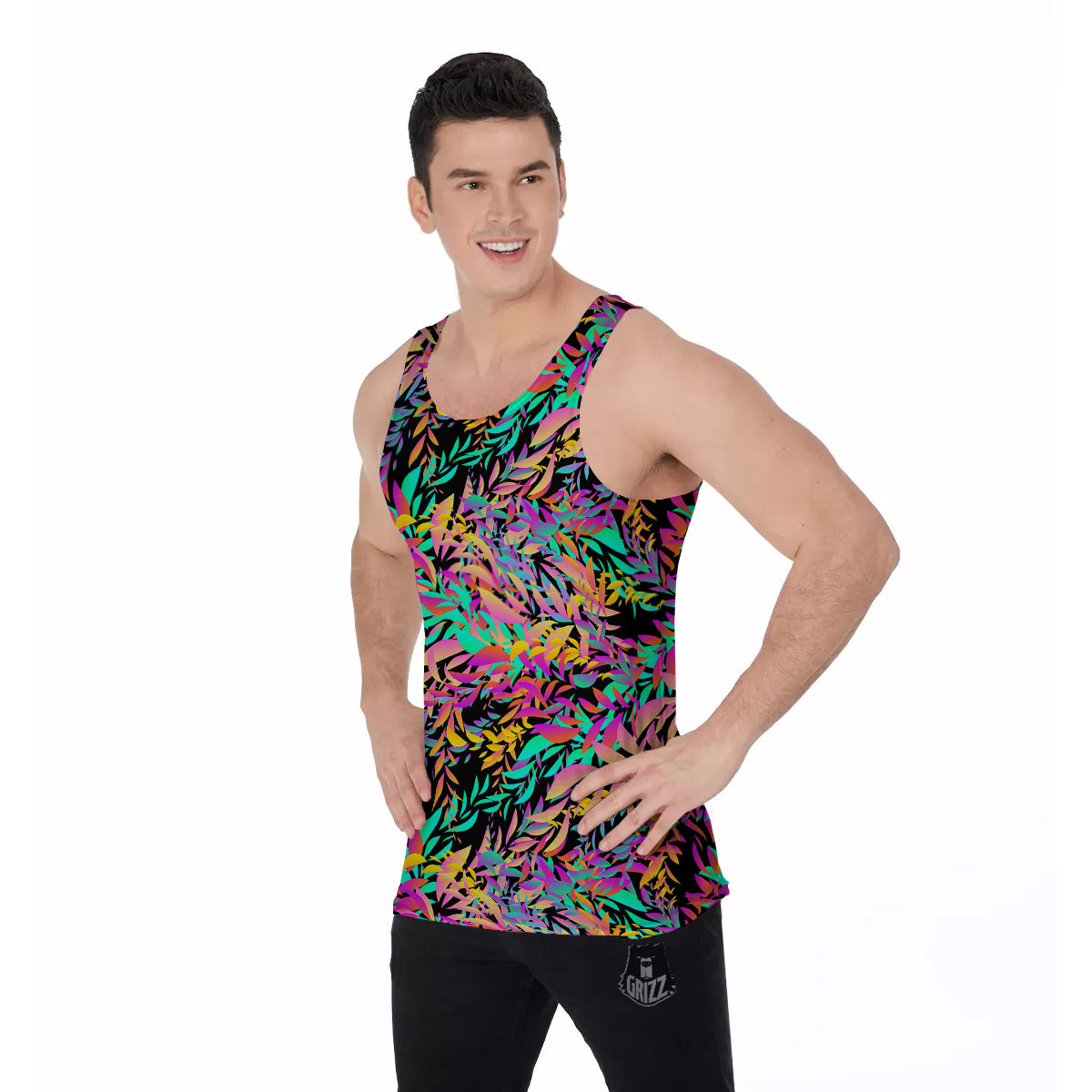 Abstract Leaf Neon Print Pattern Men's Tank Top-grizzshop
