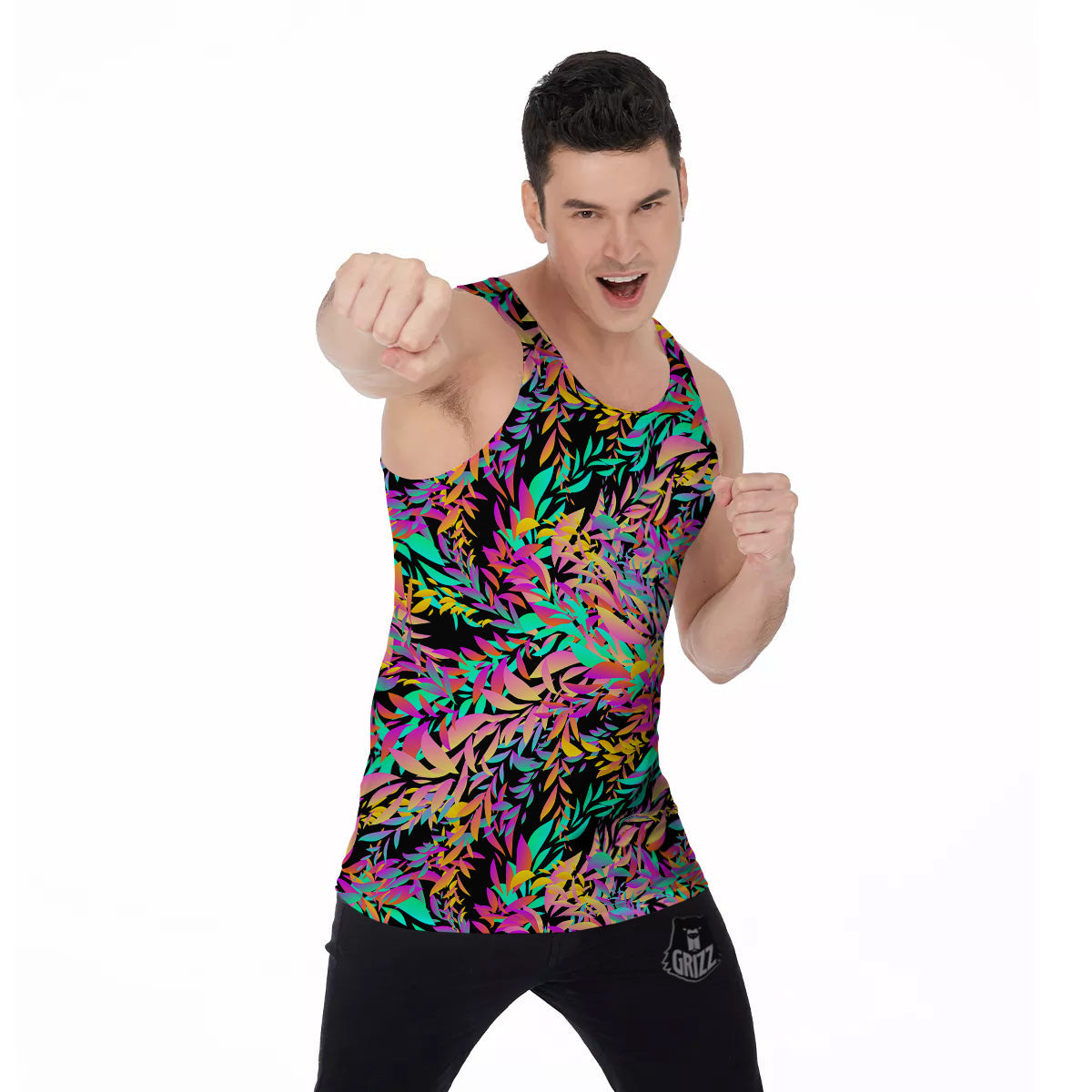 Abstract Leaf Neon Print Pattern Men's Tank Top-grizzshop