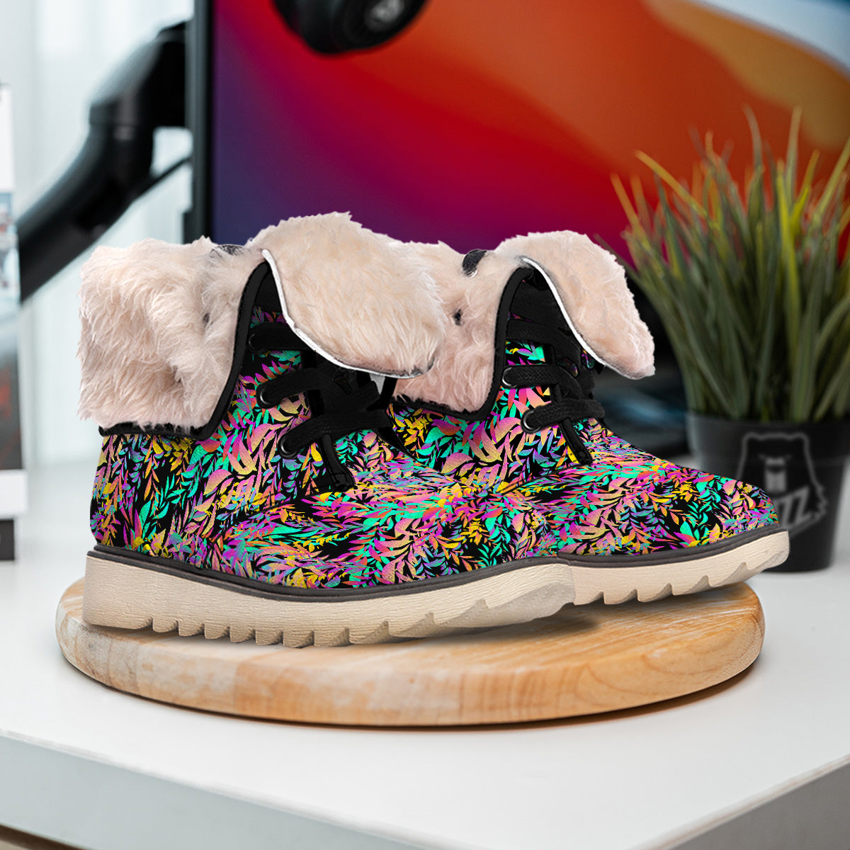 Abstract Leaf Neon Print Pattern Snow Boots-grizzshop