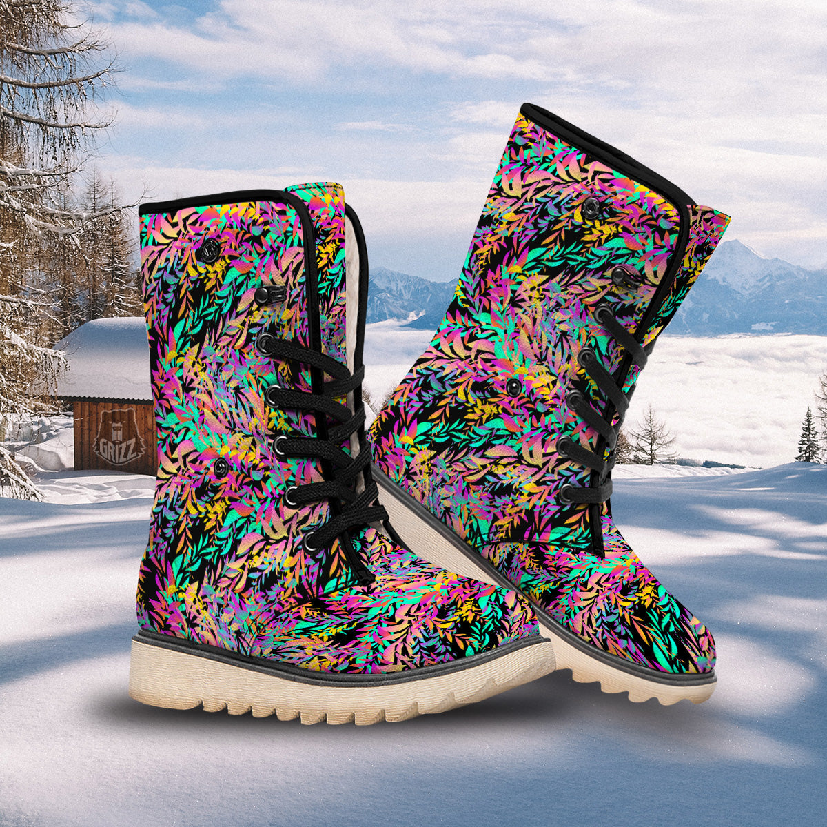 Abstract Leaf Neon Print Pattern Snow Boots-grizzshop