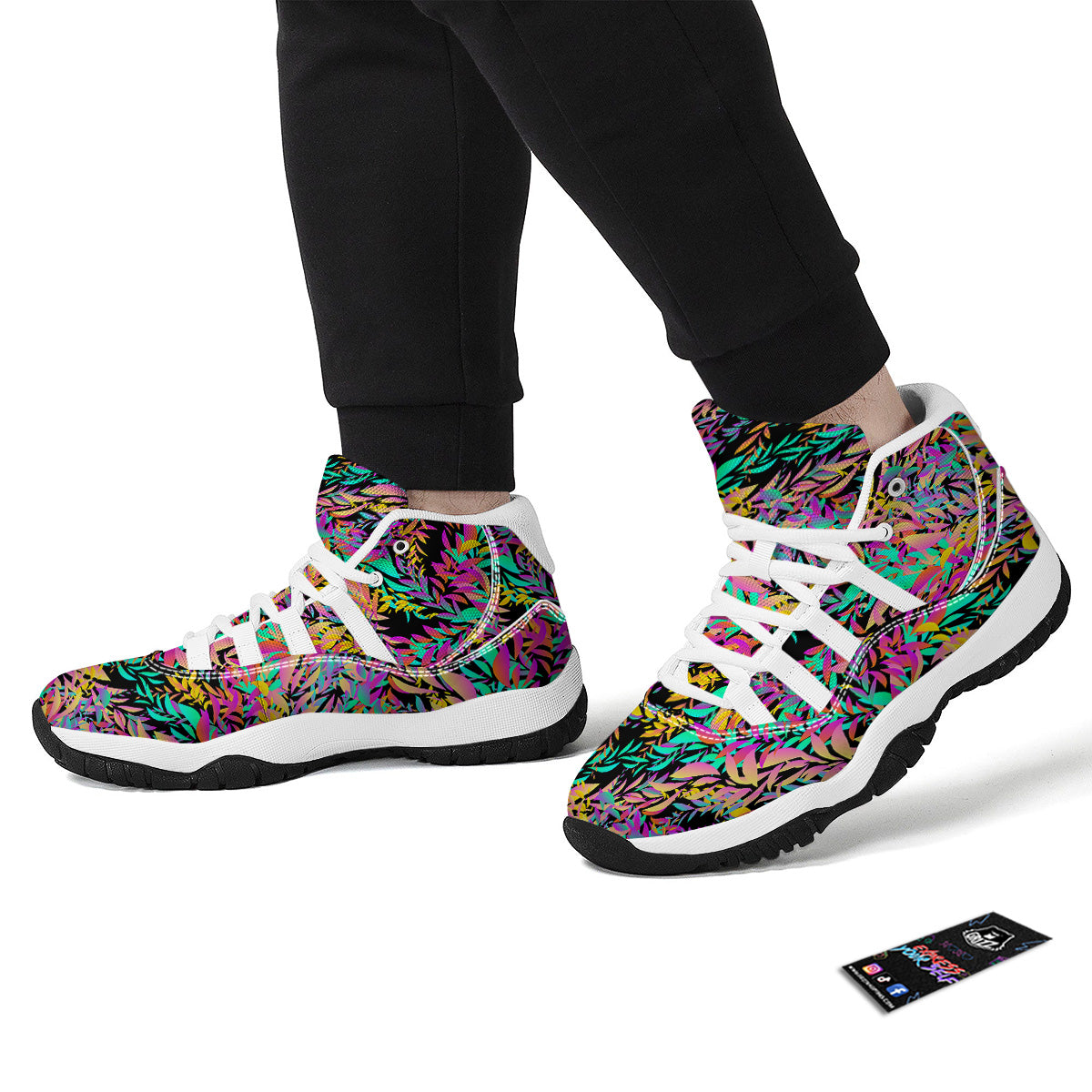 Abstract Leaf Neon Print Pattern White Bball Shoes-grizzshop