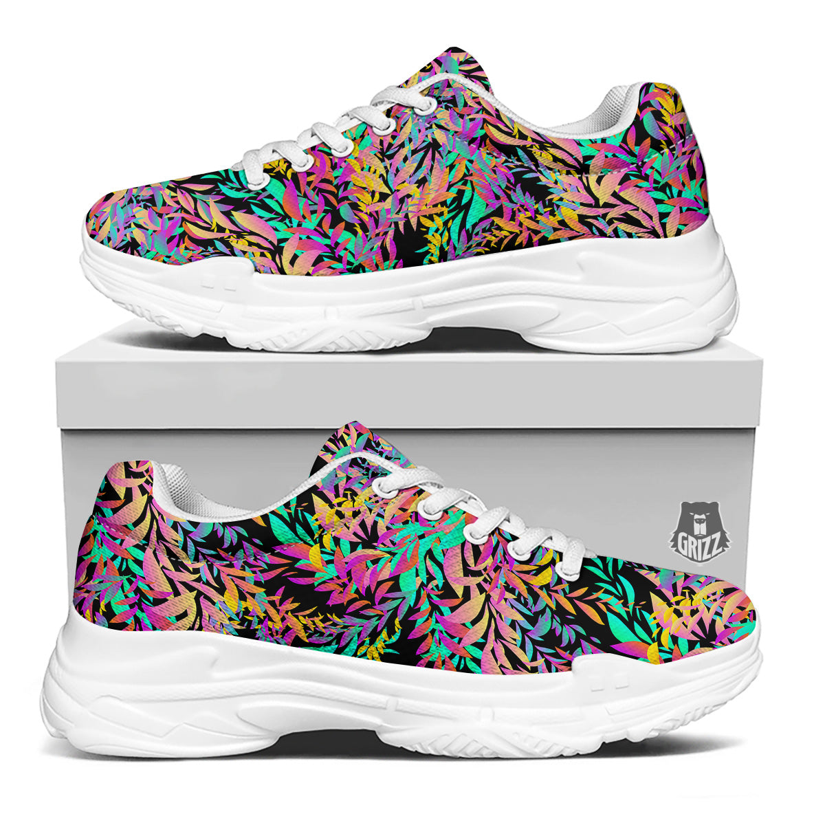 Abstract Leaf Neon Print Pattern White Chunky Shoes-grizzshop