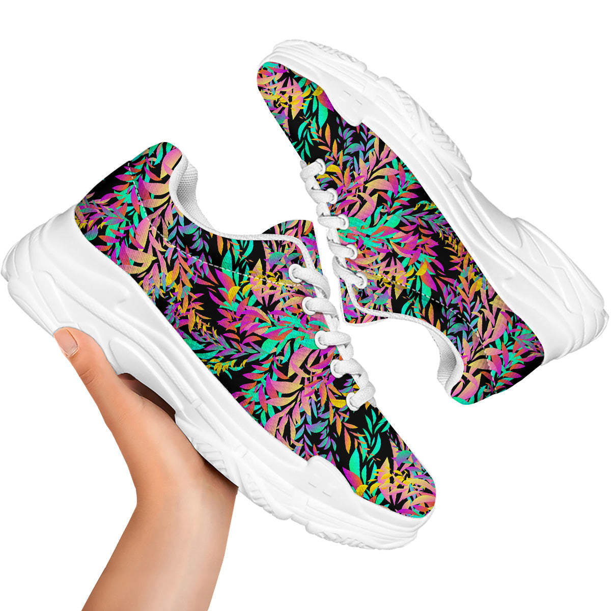 Abstract Leaf Neon Print Pattern White Chunky Shoes-grizzshop