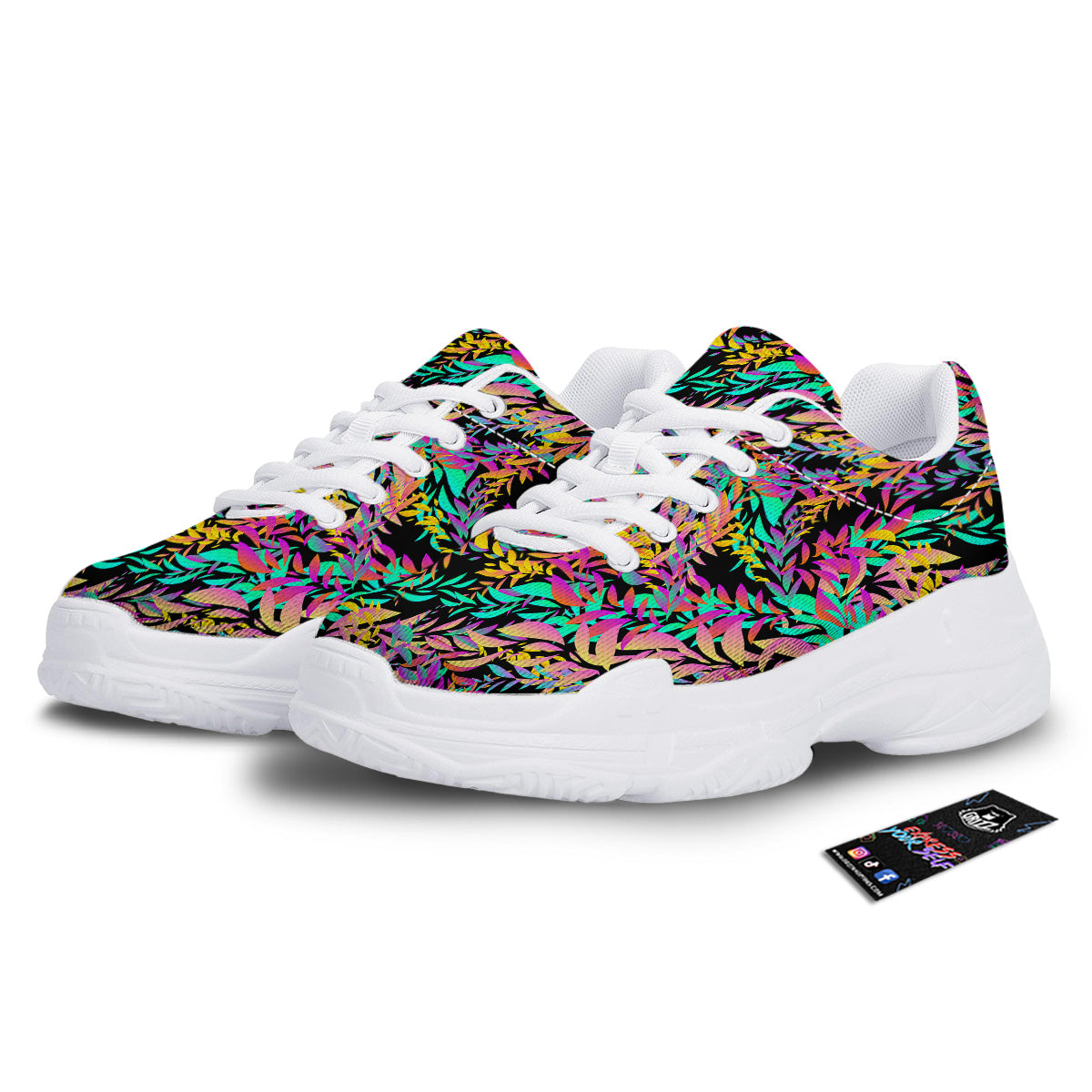 Abstract Leaf Neon Print Pattern White Chunky Shoes-grizzshop
