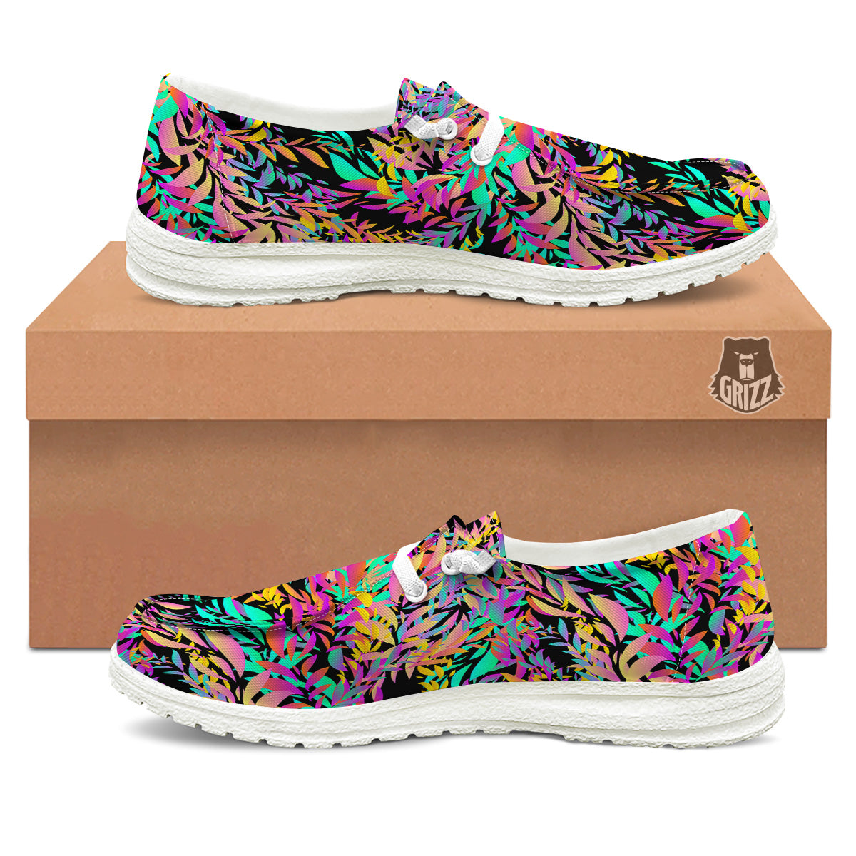 Abstract Leaf Neon Print Pattern White Loafers-grizzshop