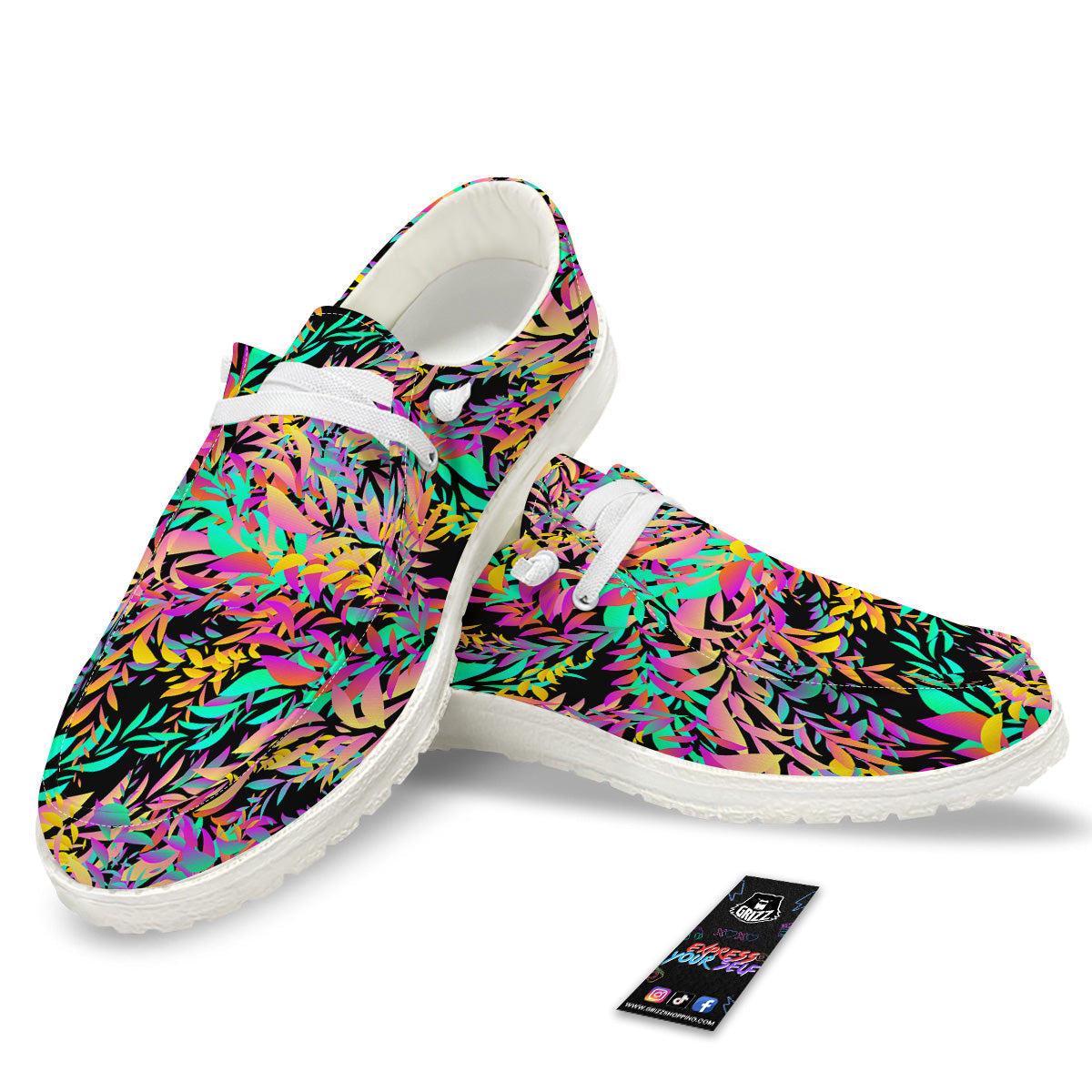 Abstract Leaf Neon Print Pattern White Loafers-grizzshop