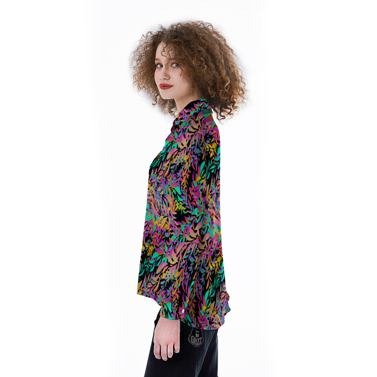Abstract Leaf Neon Print Pattern Women's Long Sleeve Shirts-grizzshop