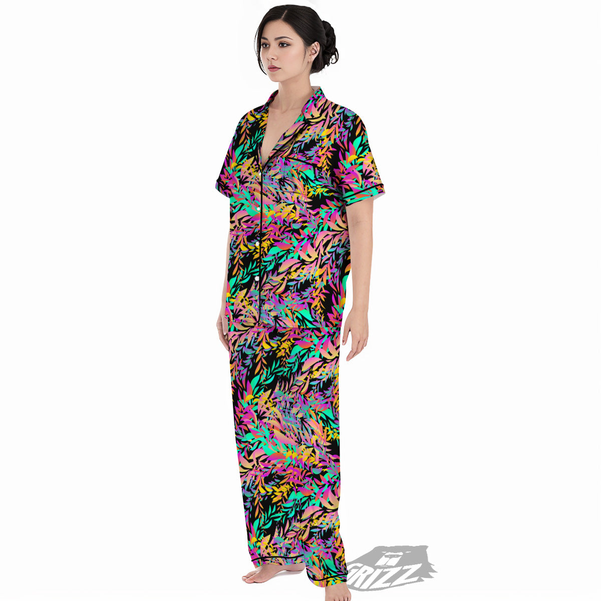 Abstract Leaf Neon Print Pattern Women's Pajamas Set-grizzshop