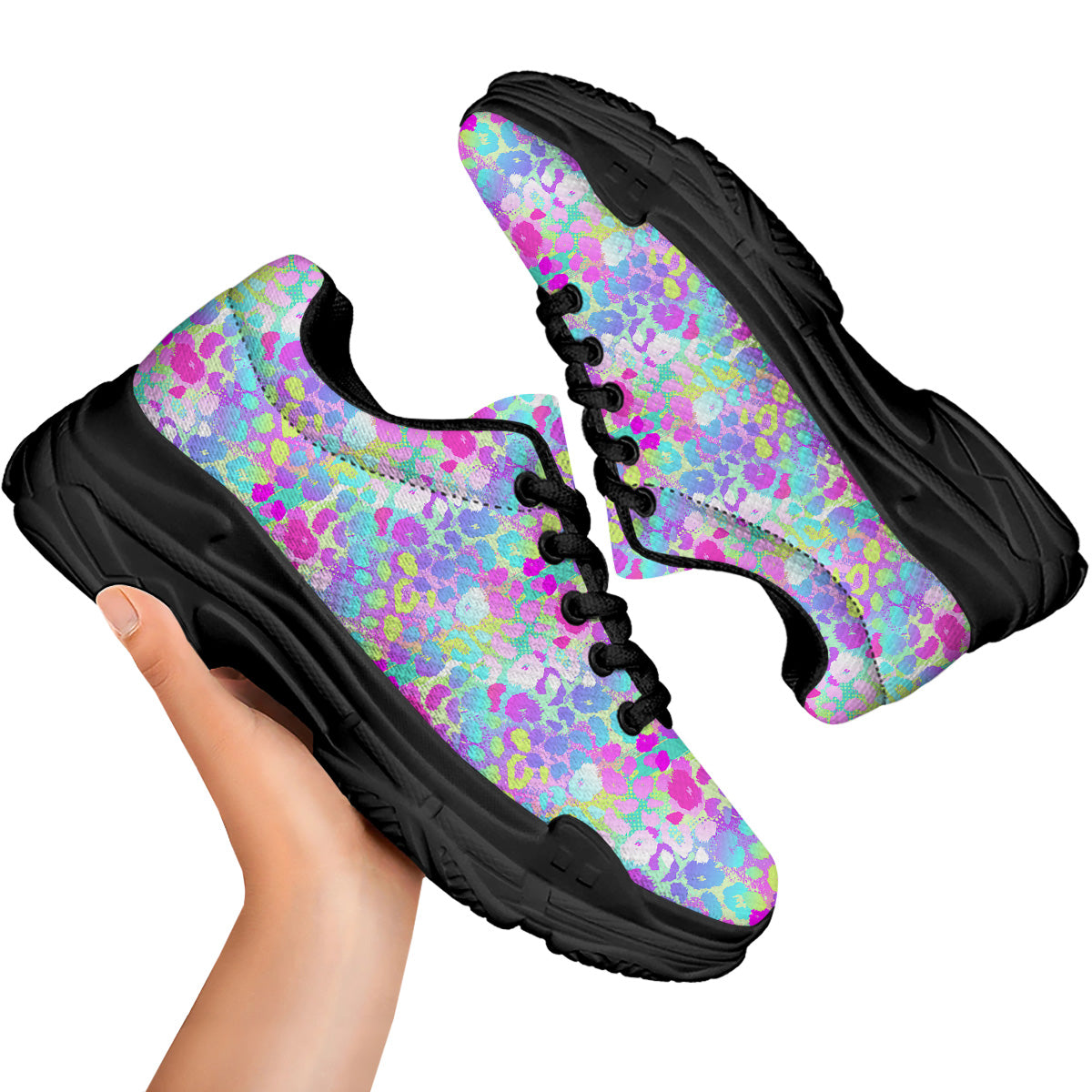 Abstract Leopard Tropical Pastel Print Pattern Black Chunky Shoes-grizzshop