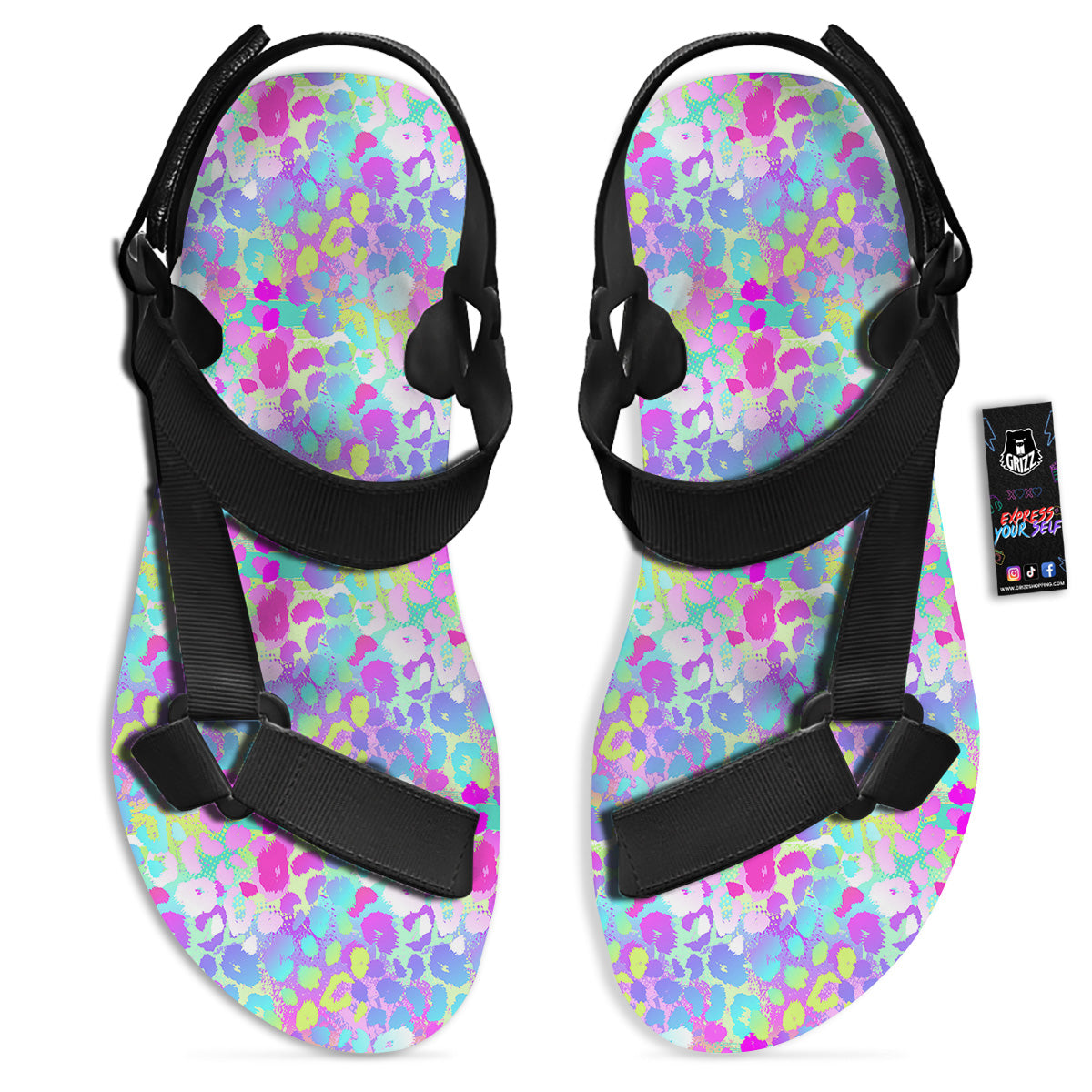 Abstract Leopard Tropical Pastel Print Pattern Black Open Toe Sandals-grizzshop