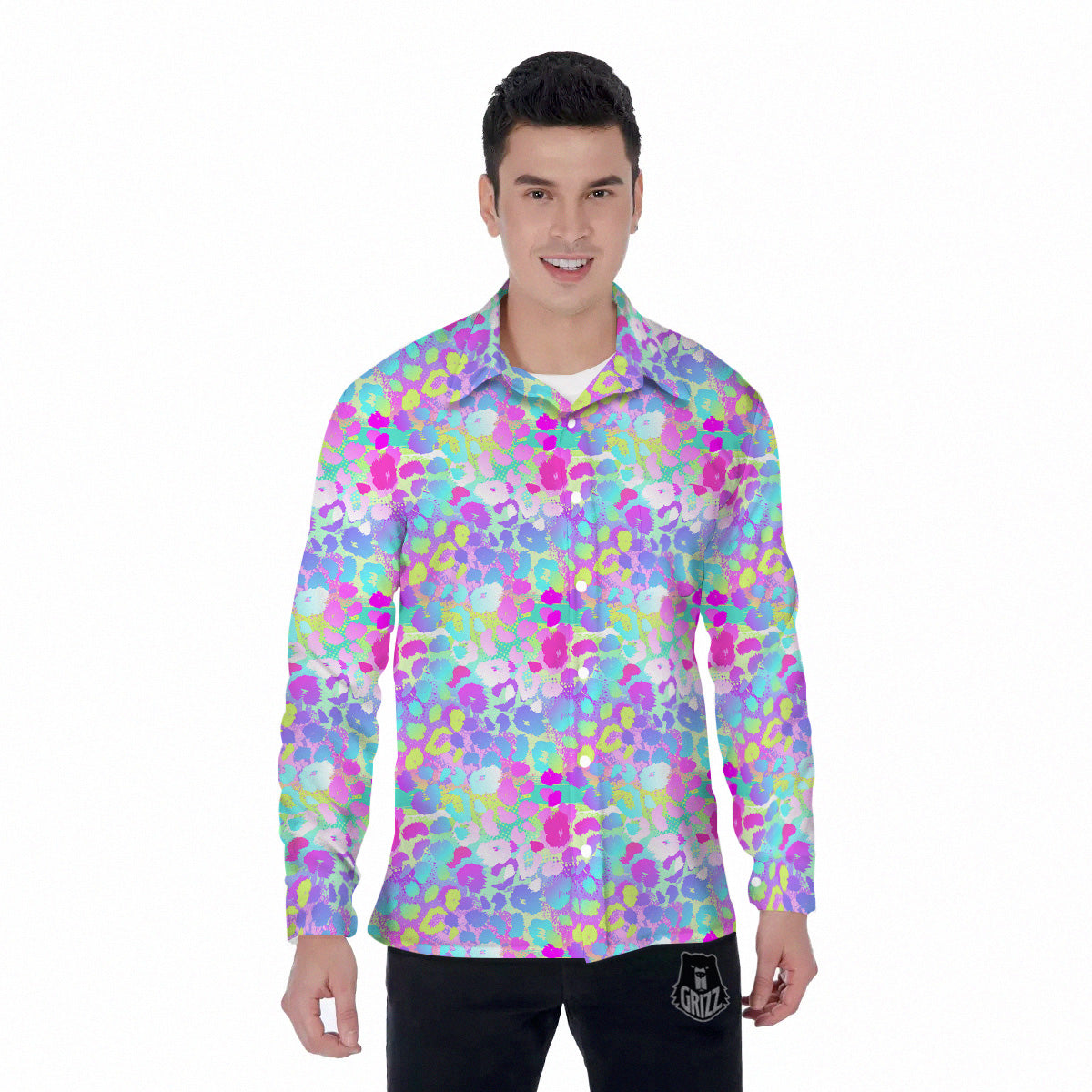 Abstract Leopard Tropical Pastel Print Pattern Men's Long Sleeve Shirts-grizzshop