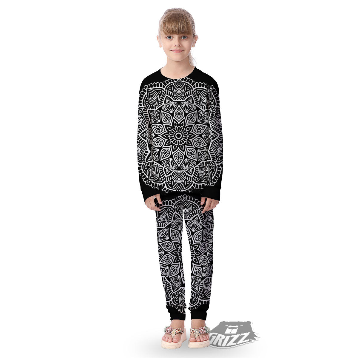 Abstract Mandala White And Black Print Kid's Pajamas-grizzshop