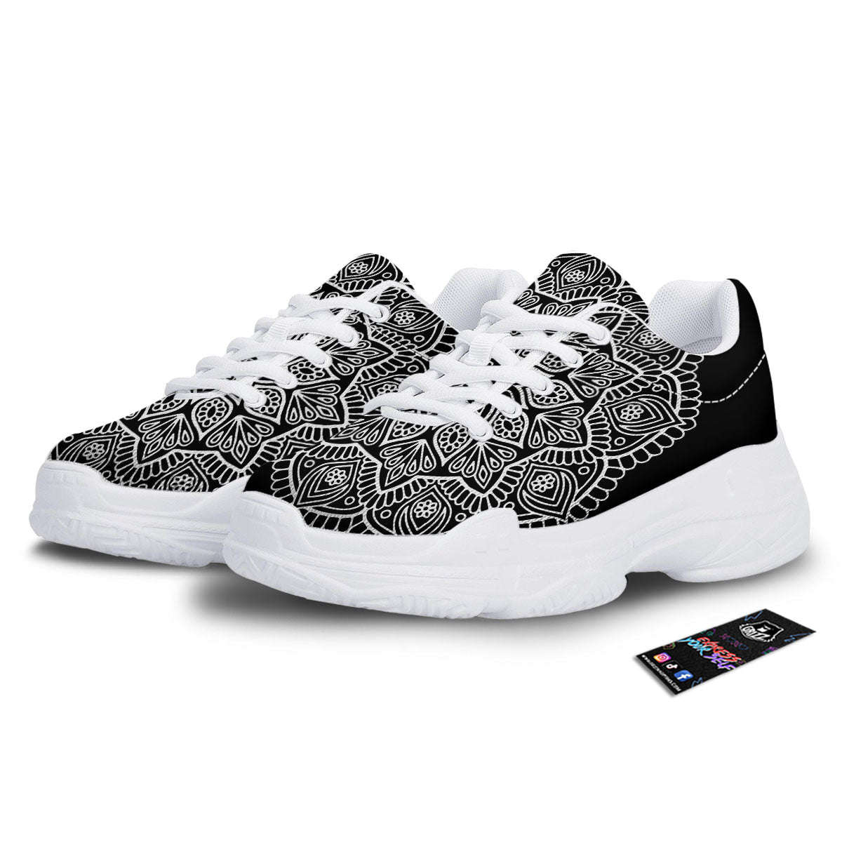 Abstract Mandala White And Black Print White Chunky Shoes-grizzshop