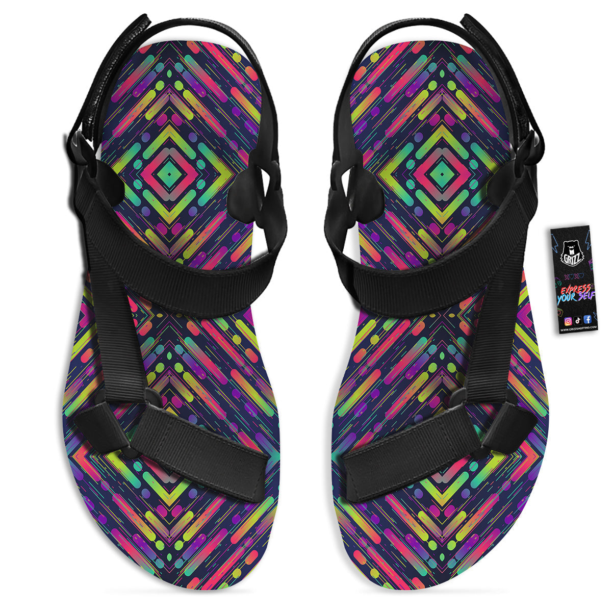 Abstract Neon Colorful Stripes Print Pattern Black Open Toe Sandals-grizzshop