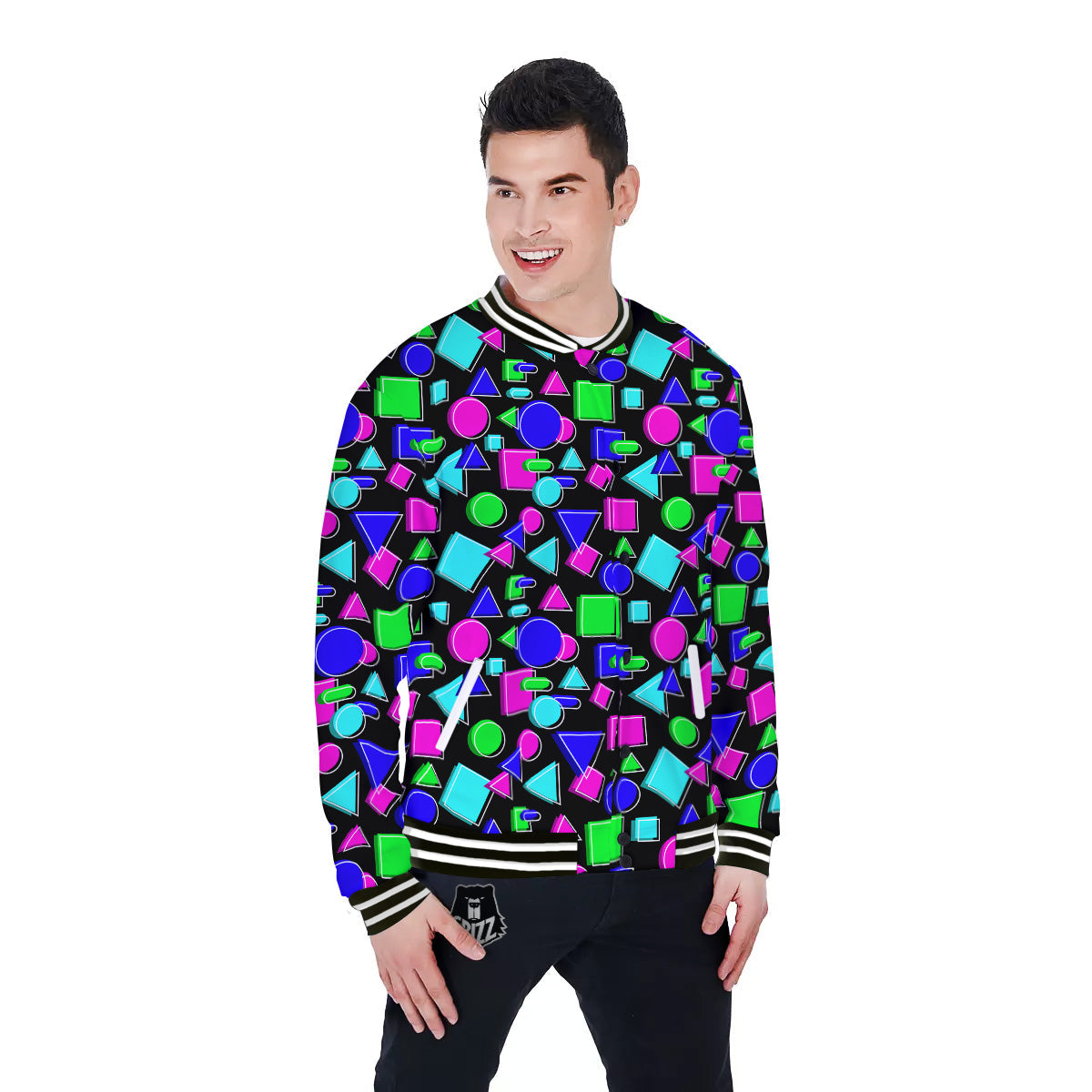 Abstract Neon Geometric Print Pattern Baseball Jacket-grizzshop