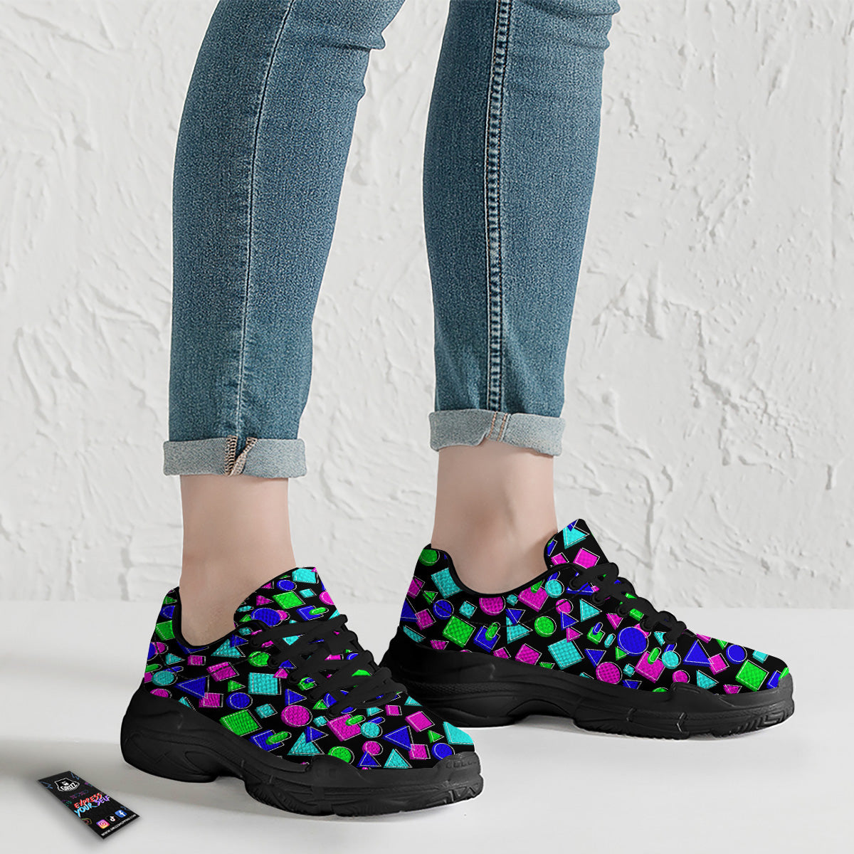Abstract Neon Geometric Print Pattern Black Chunky Shoes-grizzshop