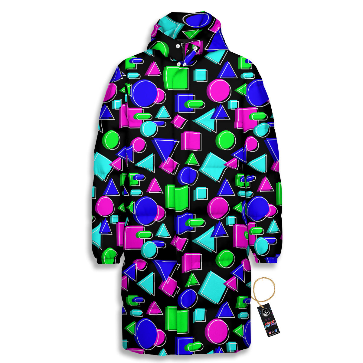 Abstract Neon Geometric Print Pattern Long Down Jacket-grizzshop