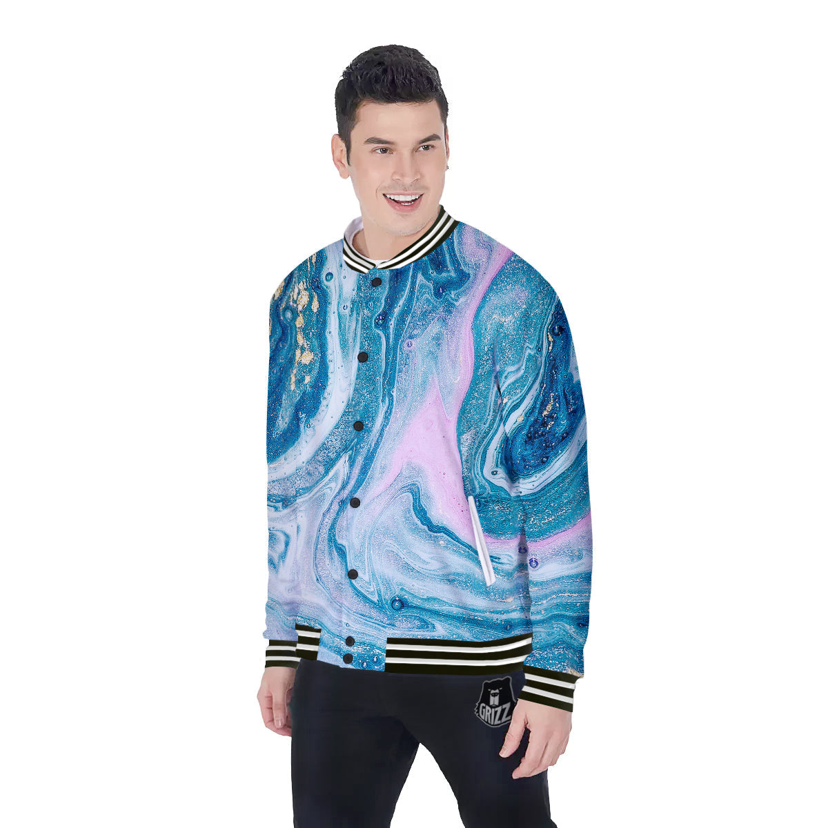 Abstract Ocean Marble Pink Blue Print Baseball Jacket-grizzshop