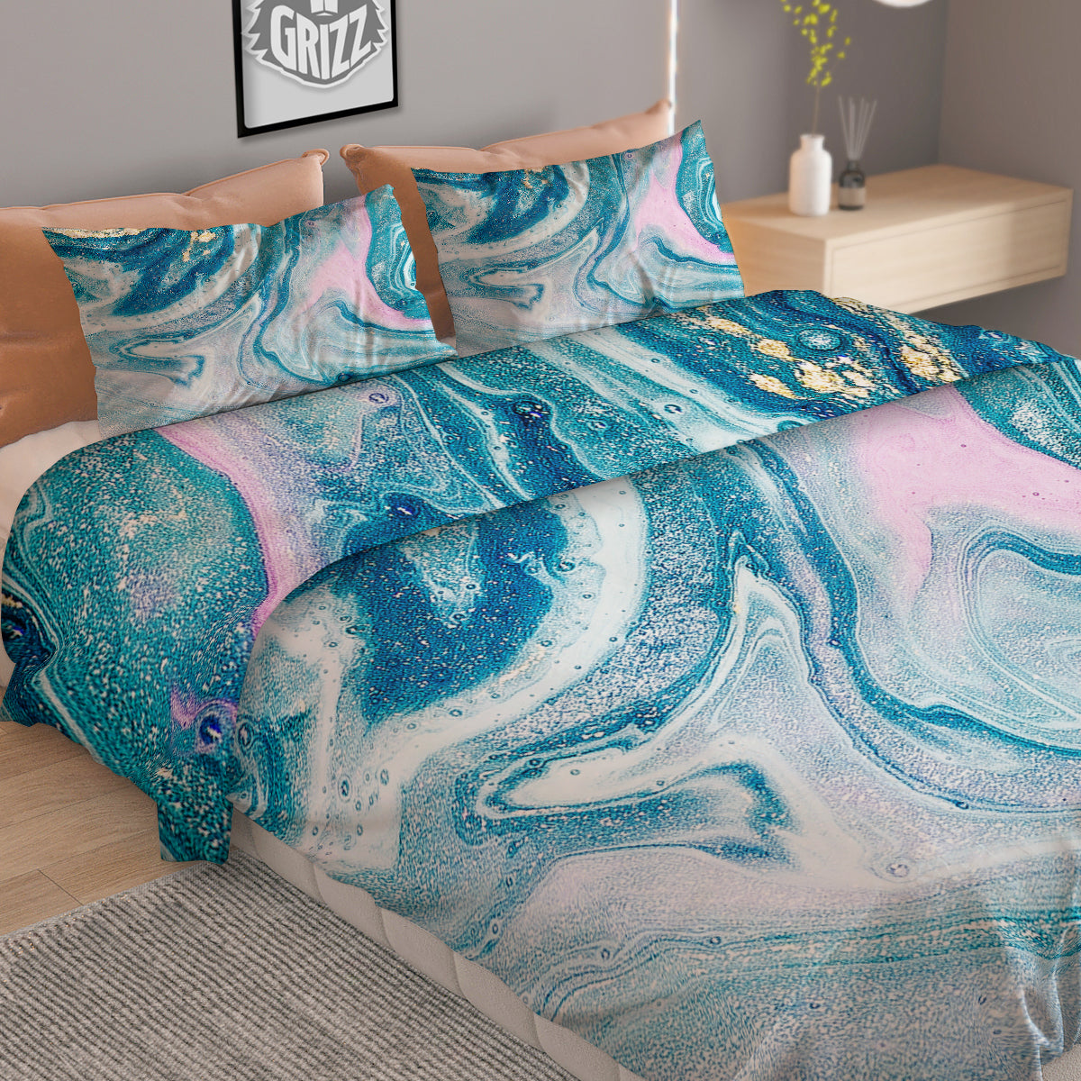 Abstract Ocean Marble Pink Blue Print Duvet Cover Bedding Set