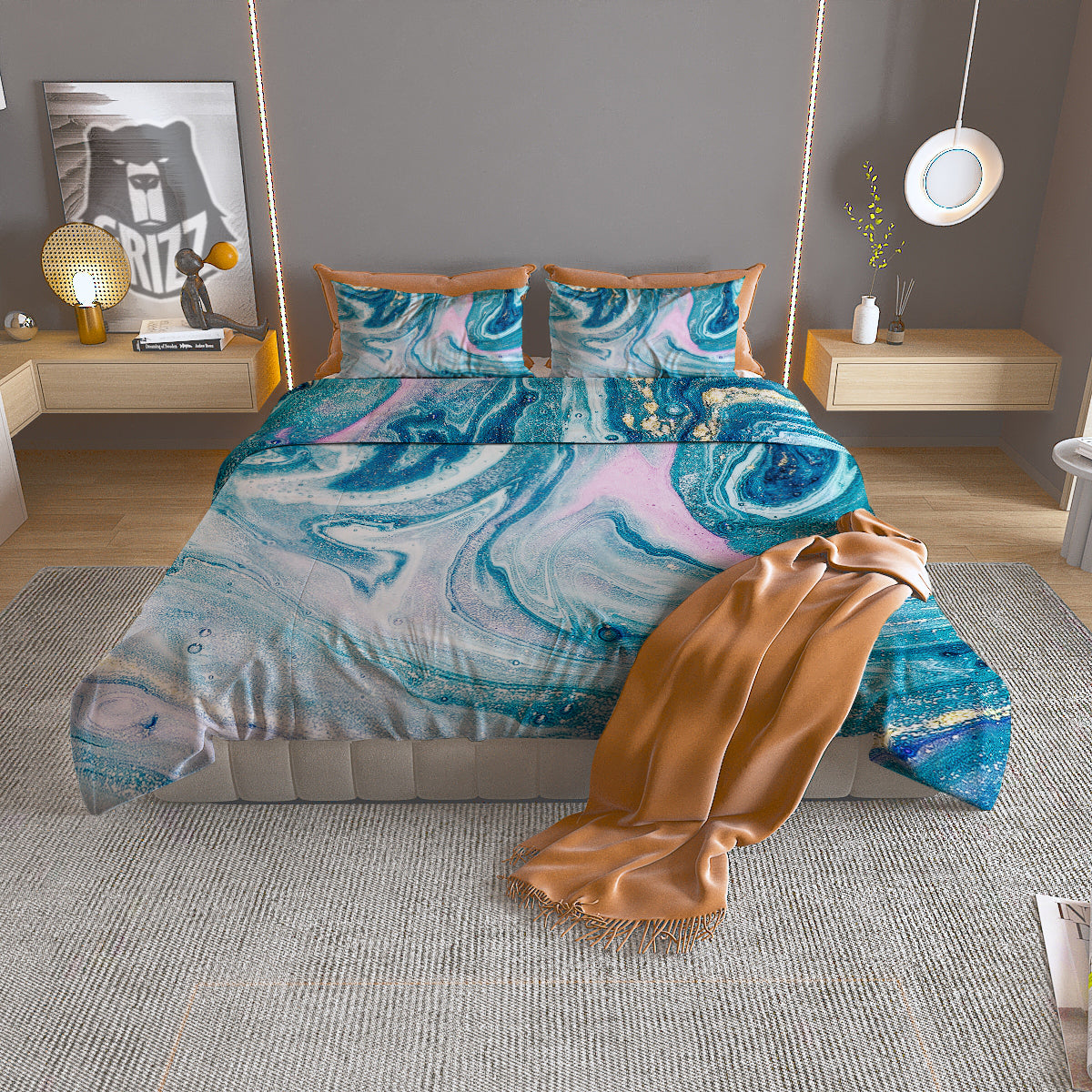 Abstract Ocean Marble Pink Blue Print Duvet Cover Bedding Set