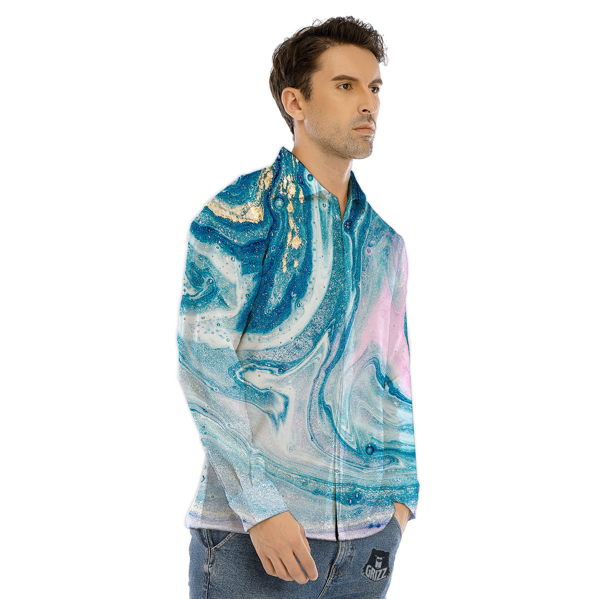 Abstract Ocean Marble Pink Blue Print Men's Dress Shirts-grizzshop