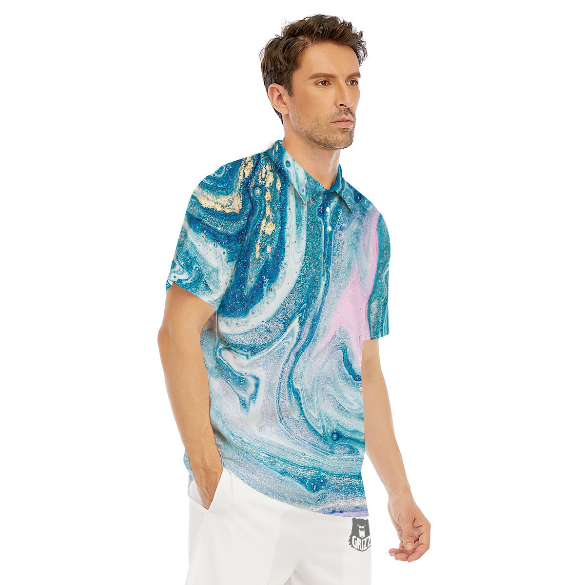Abstract Ocean Marble Pink Blue Print Men's Golf Shirts-grizzshop