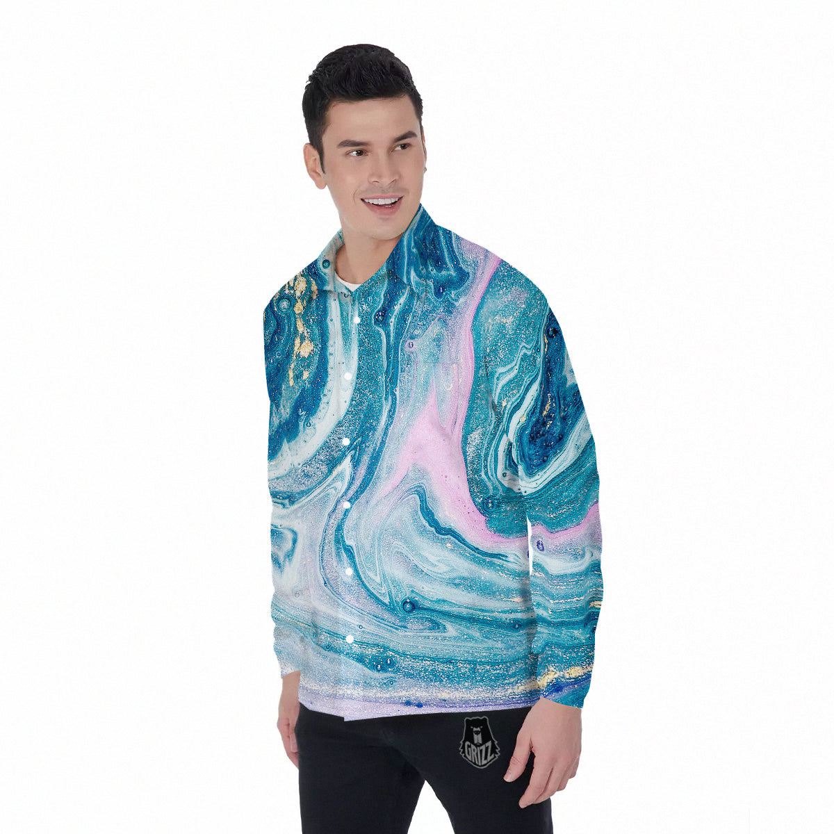 Abstract Ocean Marble Pink Blue Print Men's Long Sleeve Shirts-grizzshop