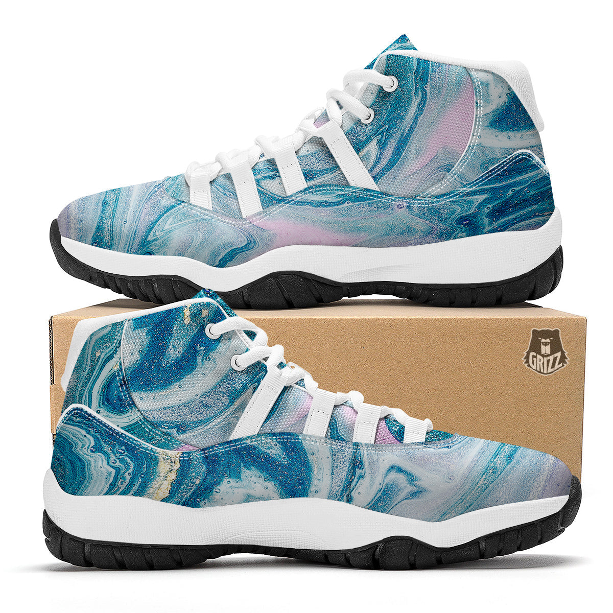 Abstract Ocean Marble Pink Blue Print White Bball Shoes-grizzshop