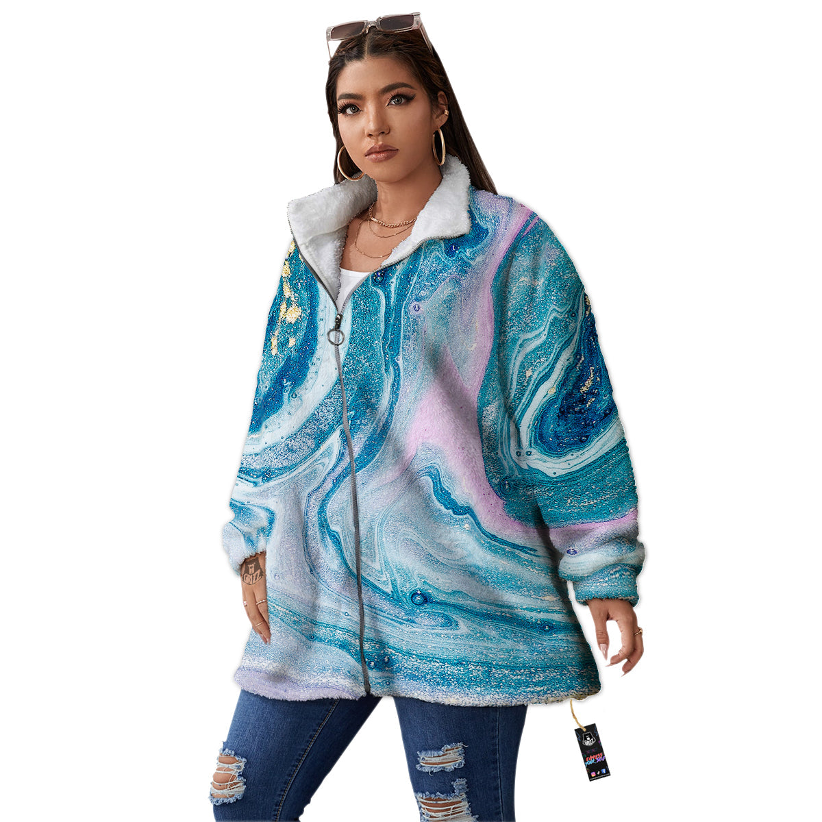 Abstract Ocean Marble Pink Blue Print Women's Sherpa Jacket-grizzshop