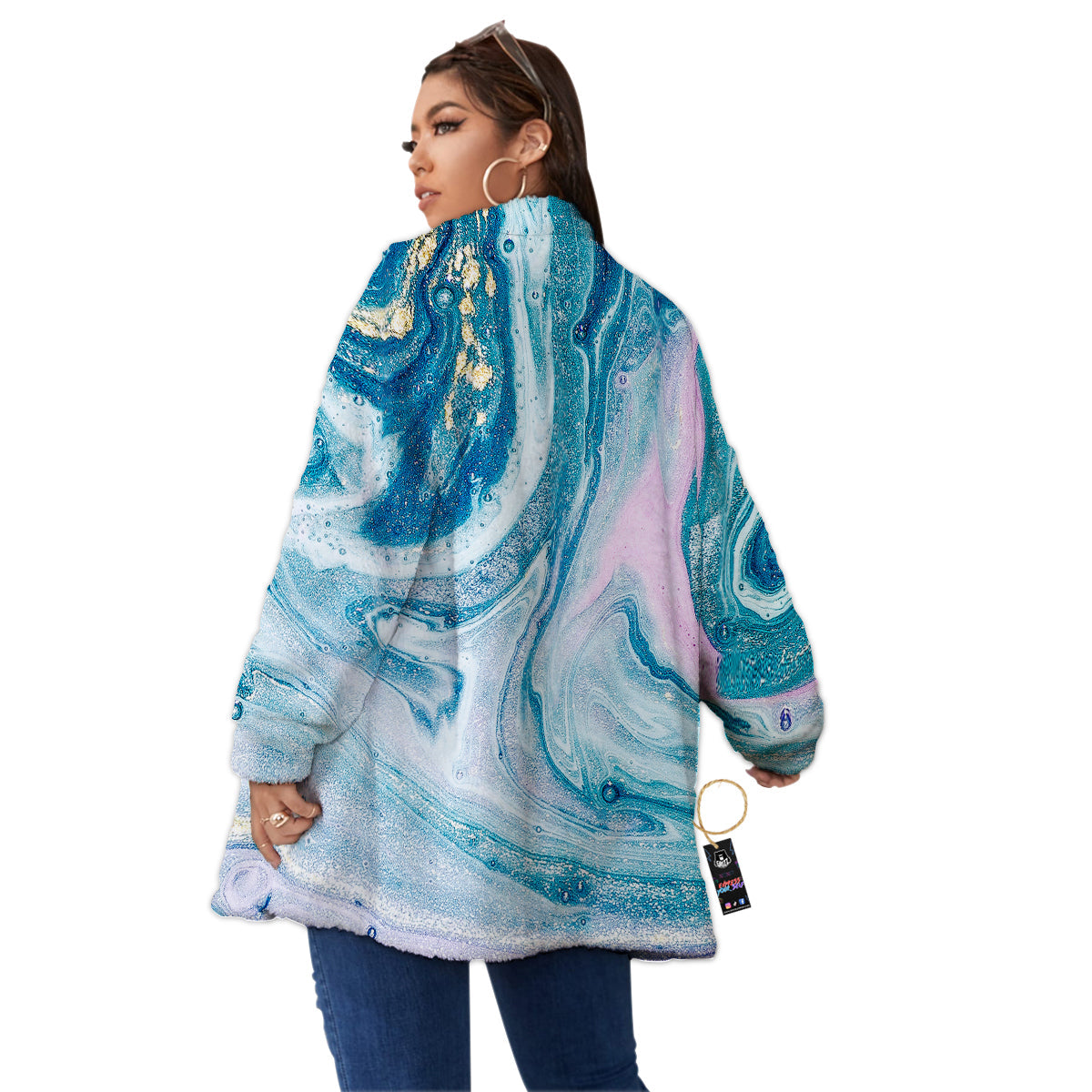 Abstract Ocean Marble Pink Blue Print Women's Sherpa Jacket-grizzshop