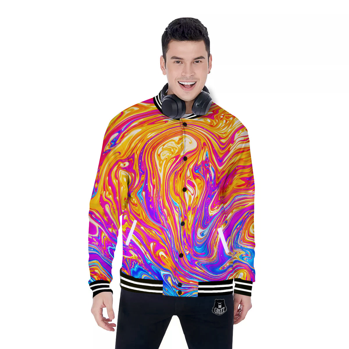 Abstract Orange Psychedelic Print Baseball Jacket-grizzshop