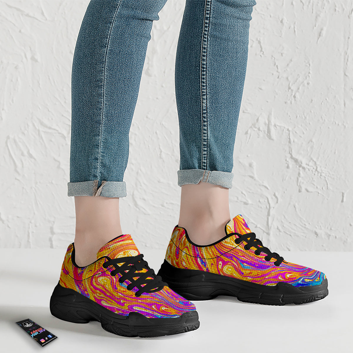 Abstract Orange Psychedelic Print Black Chunky Shoes-grizzshop