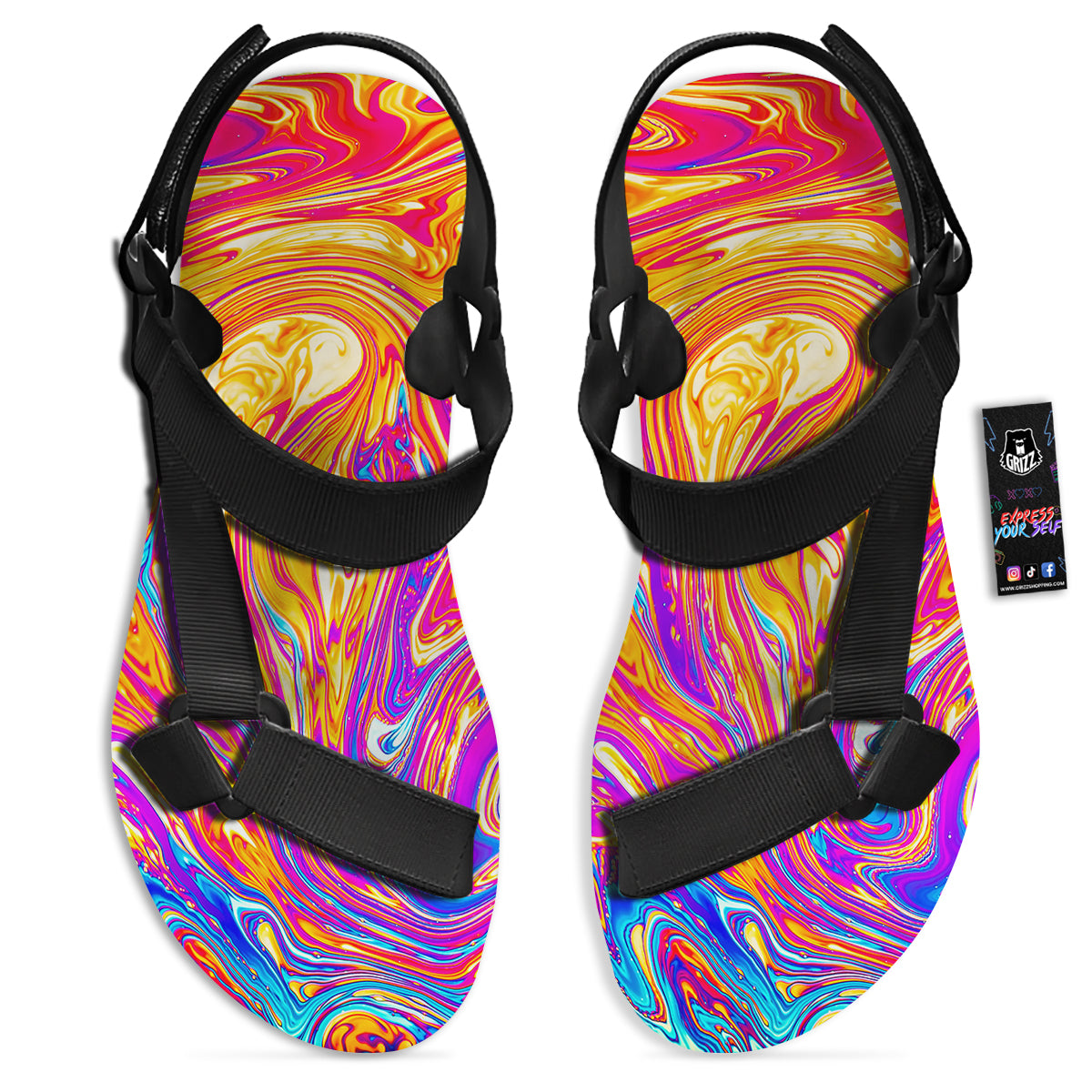 Abstract Orange Psychedelic Print Black Open Toe Sandals-grizzshop