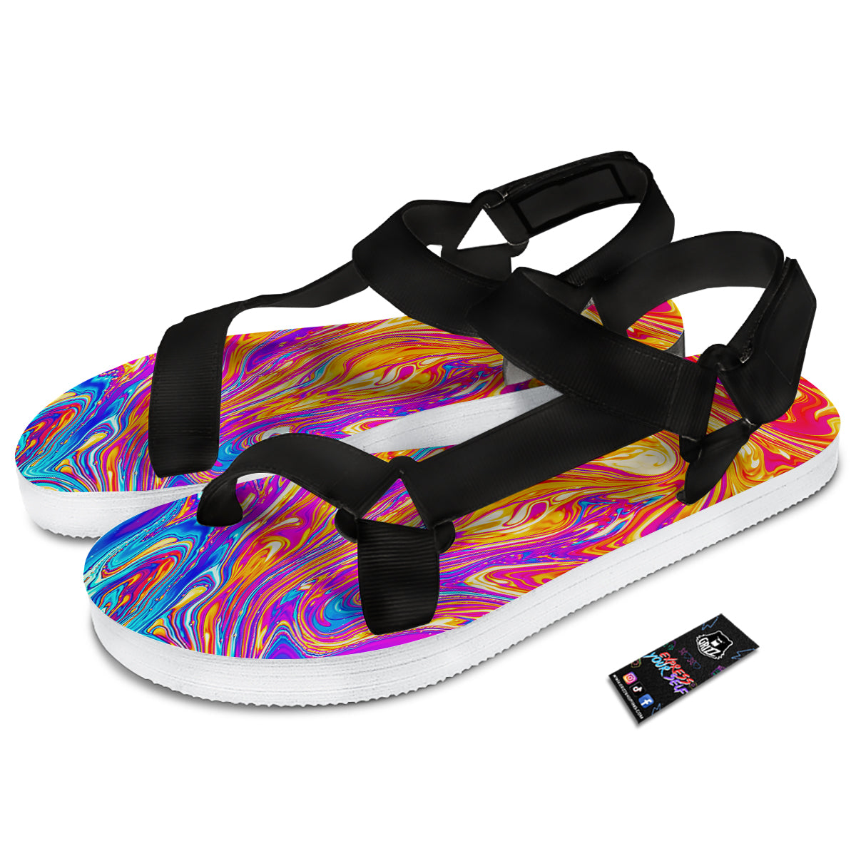 Abstract Orange Psychedelic Print Black Open Toe Sandals-grizzshop
