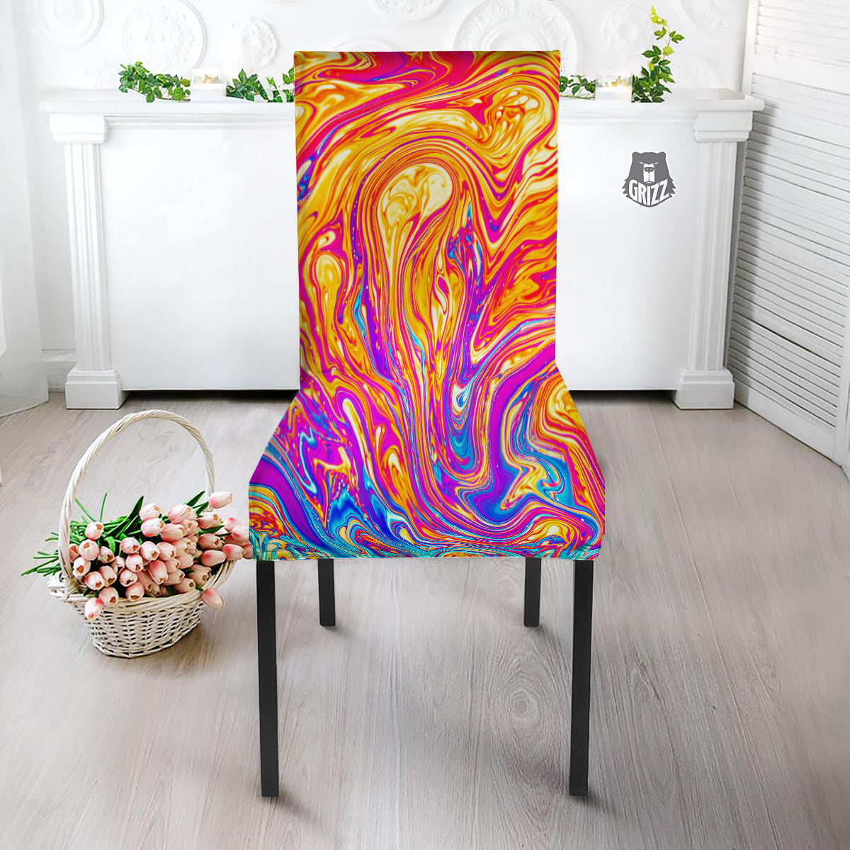 Abstract Orange Psychedelic Print Dining Chair Slipcover-grizzshop
