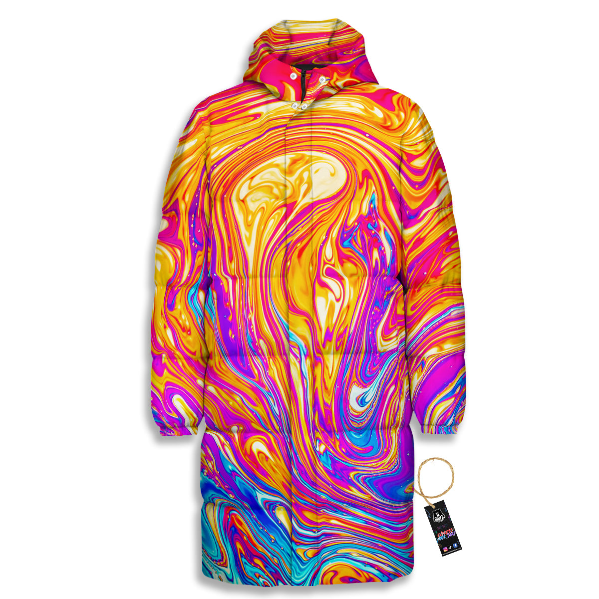 Abstract Orange Psychedelic Print Long Down Jacket-grizzshop