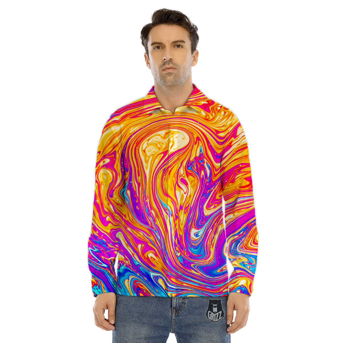 Abstract Orange Psychedelic Print Men's Dress Shirts-grizzshop