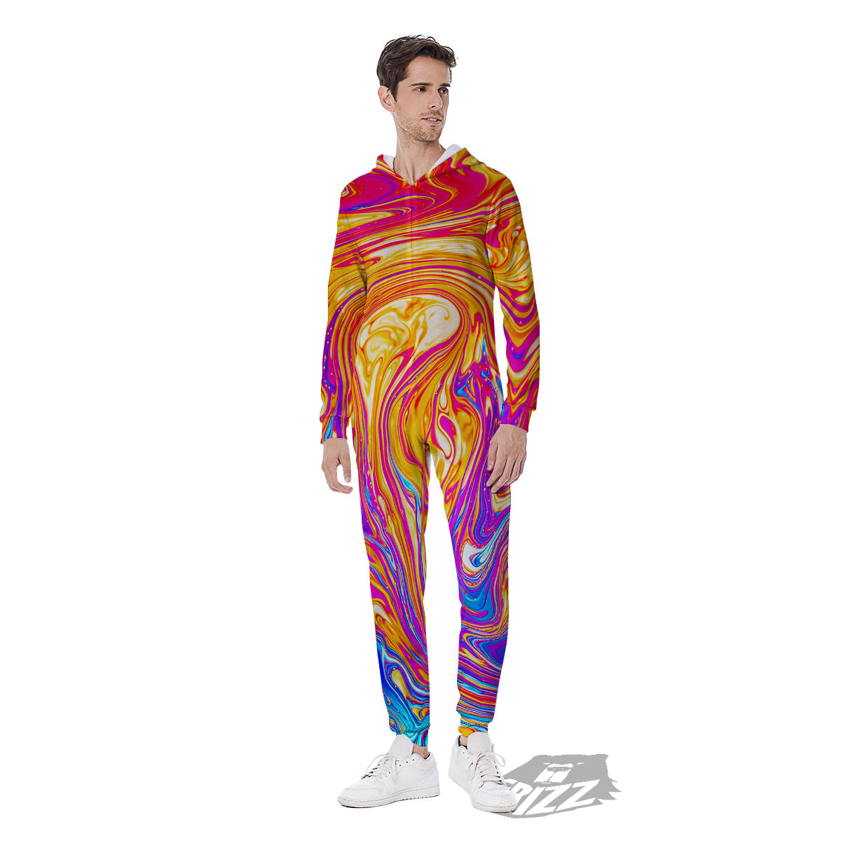 Abstract Orange Psychedelic Print Men's Jumpsuit-grizzshop