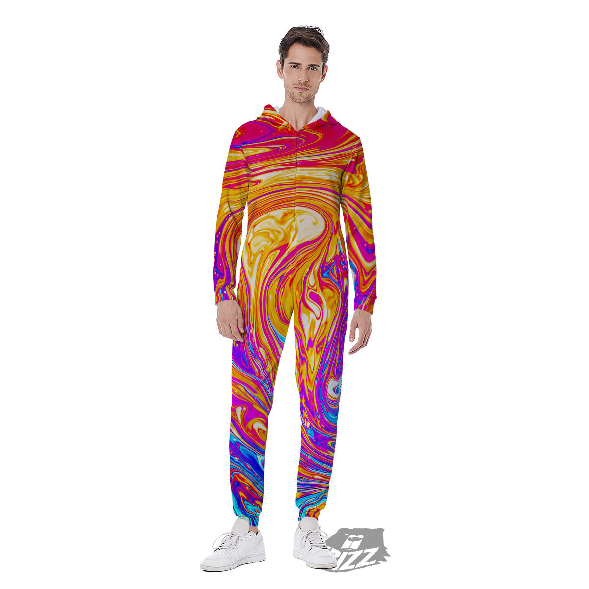 Abstract Orange Psychedelic Print Men's Jumpsuit-grizzshop