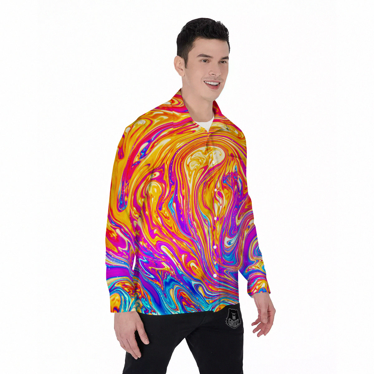 Abstract Orange Psychedelic Print Men's Long Sleeve Shirts-grizzshop
