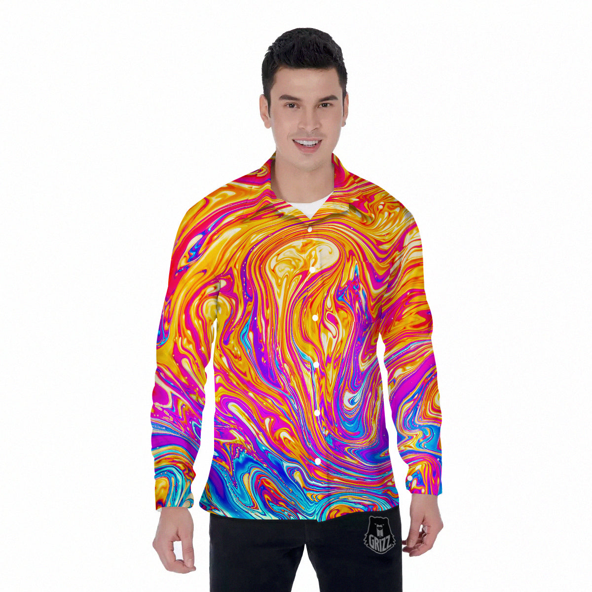 Abstract Orange Psychedelic Print Men's Long Sleeve Shirts-grizzshop
