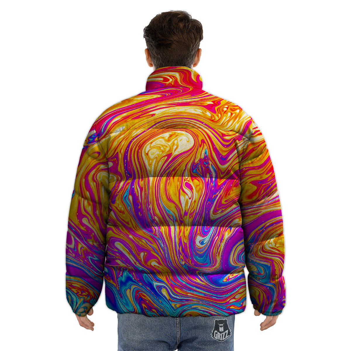 Abstract Orange Psychedelic Print Puffer Jacket-grizzshop