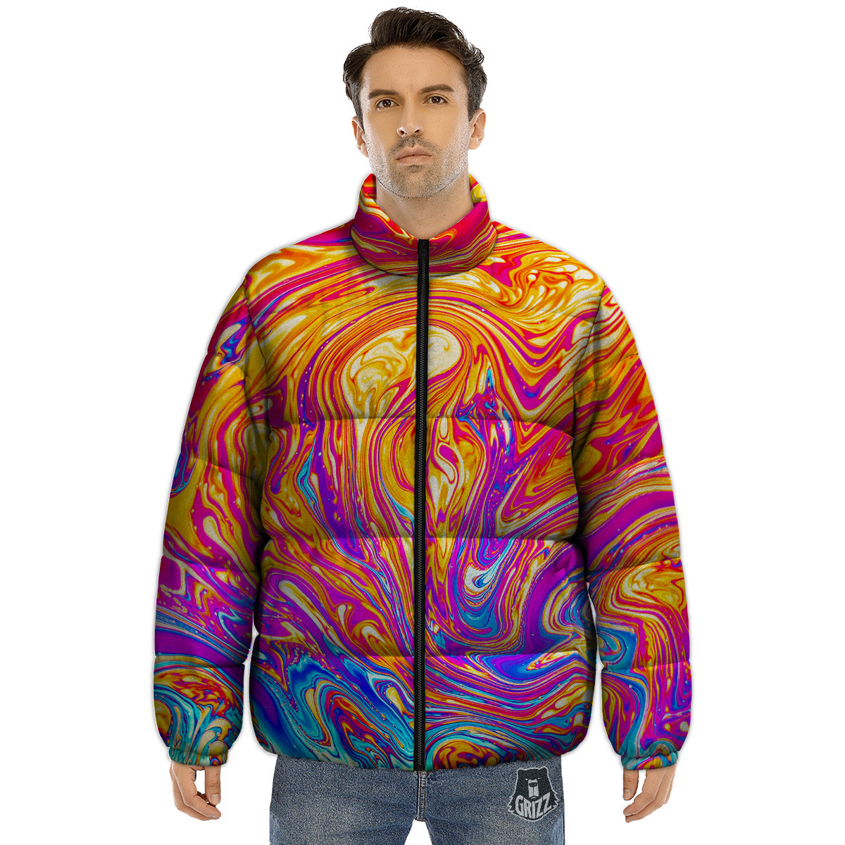 Abstract Orange Psychedelic Print Puffer Jacket-grizzshop