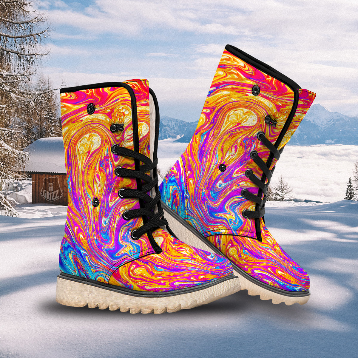 Abstract Orange Psychedelic Print Snow Boots-grizzshop