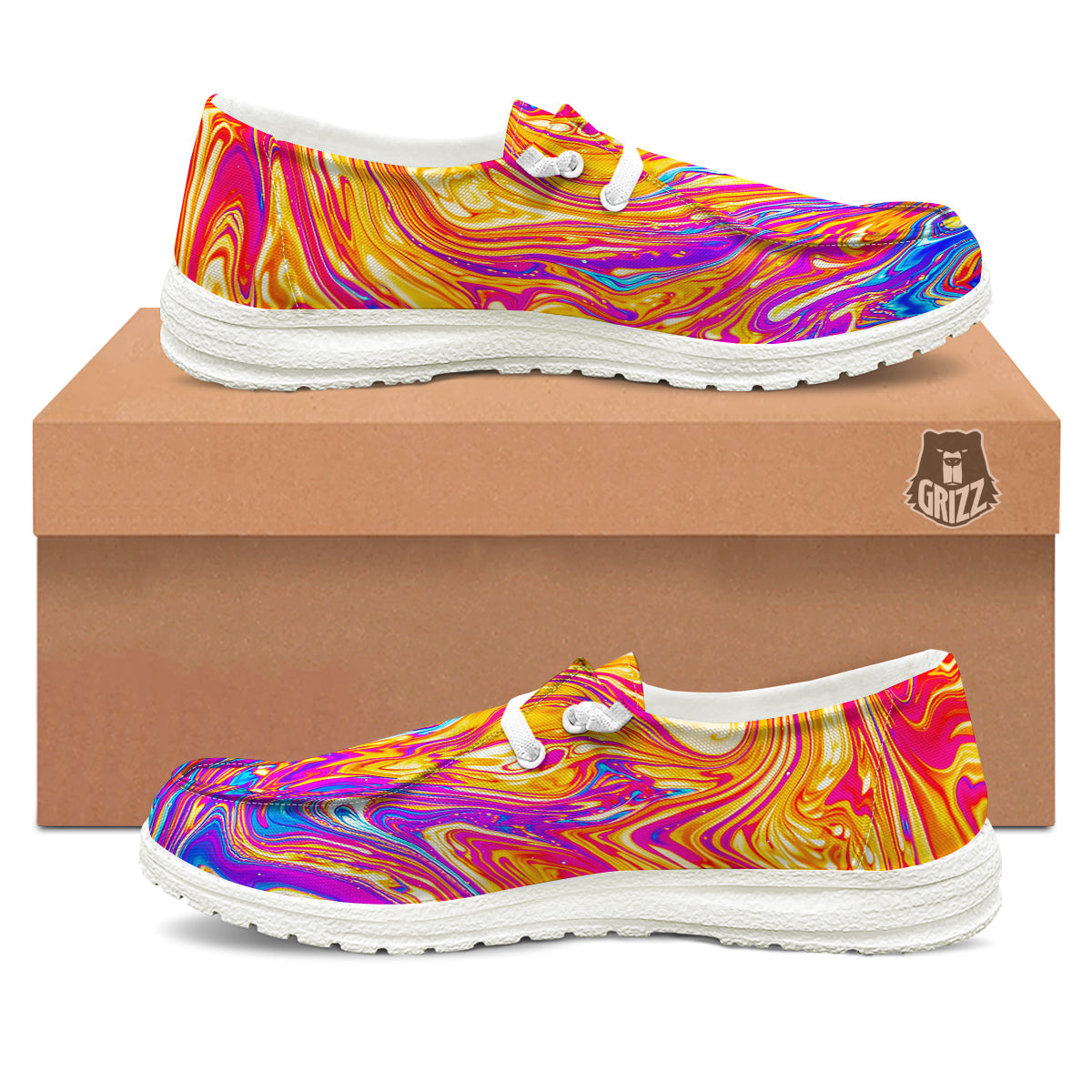 Abstract Orange Psychedelic Print White Loafers-grizzshop