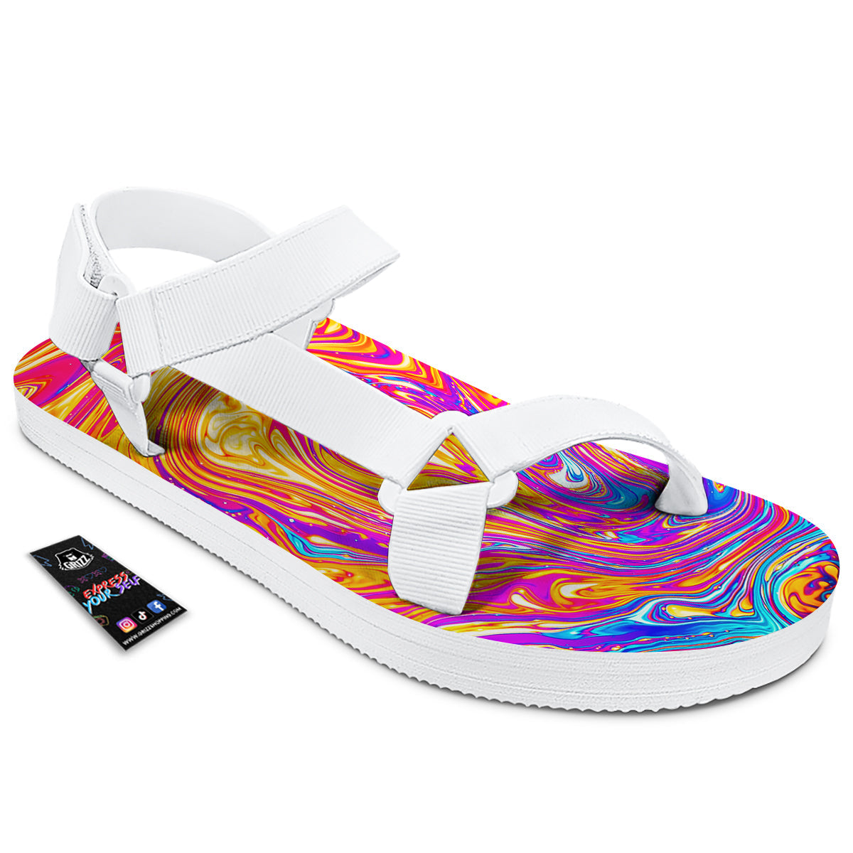 Abstract Orange Psychedelic Print White Open Toe Sandals-grizzshop