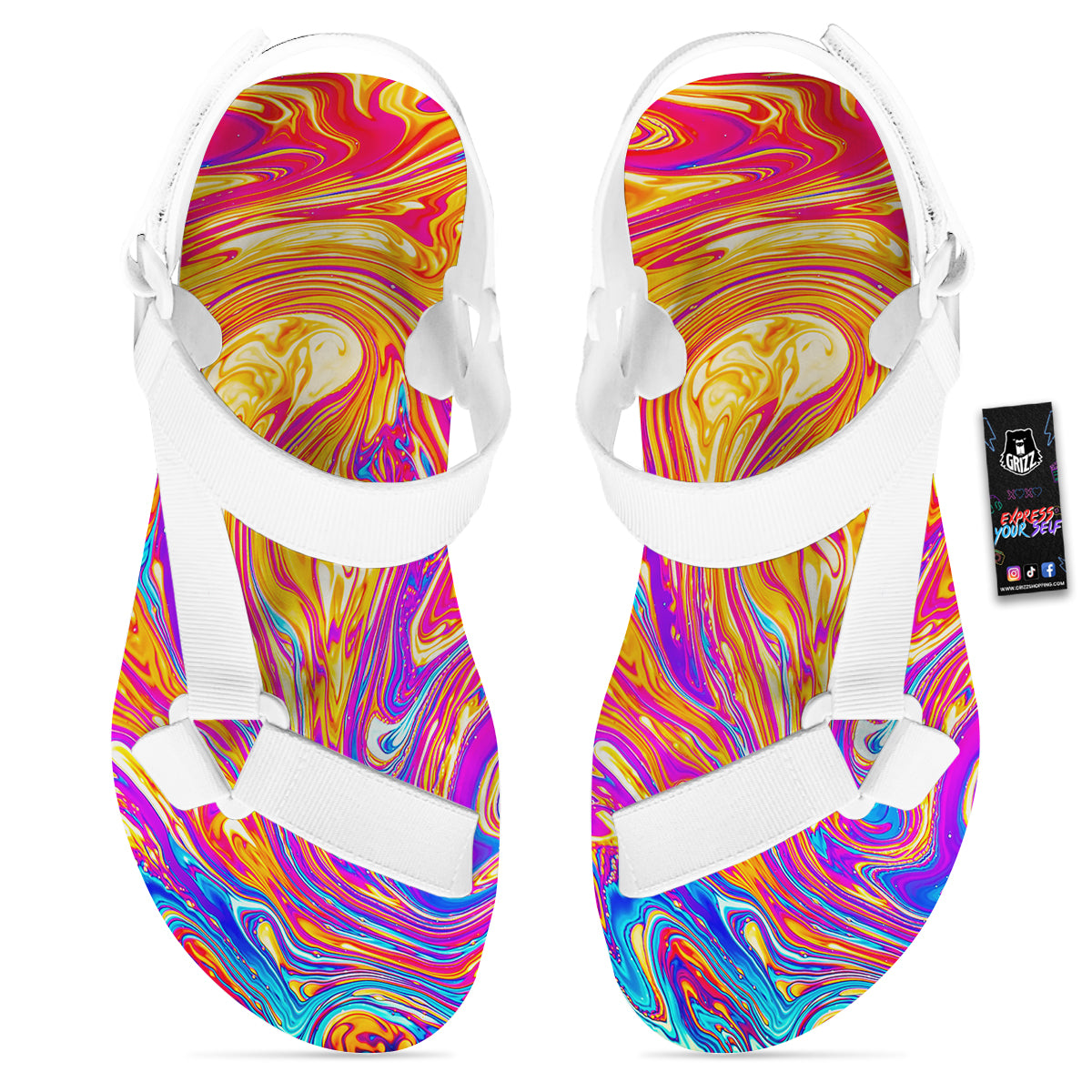 Abstract Orange Psychedelic Print White Open Toe Sandals-grizzshop