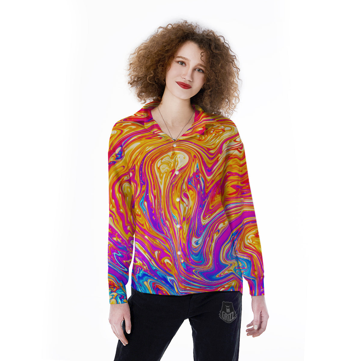 Abstract Orange Psychedelic Print Women's Long Sleeve Shirts-grizzshop