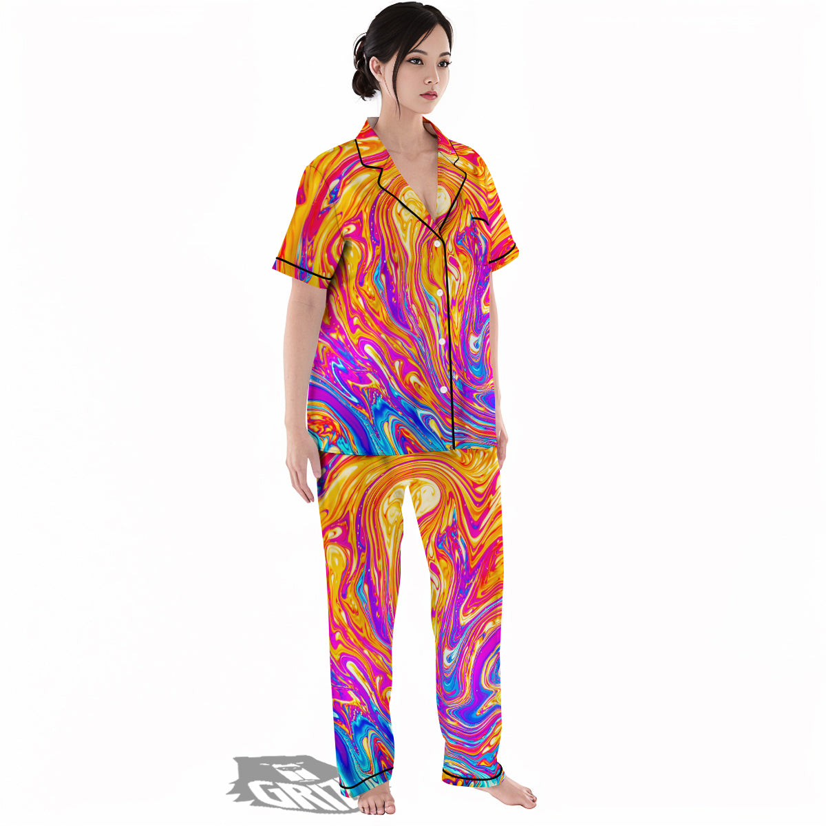 Abstract Orange Psychedelic Print Women's Pajamas Set-grizzshop