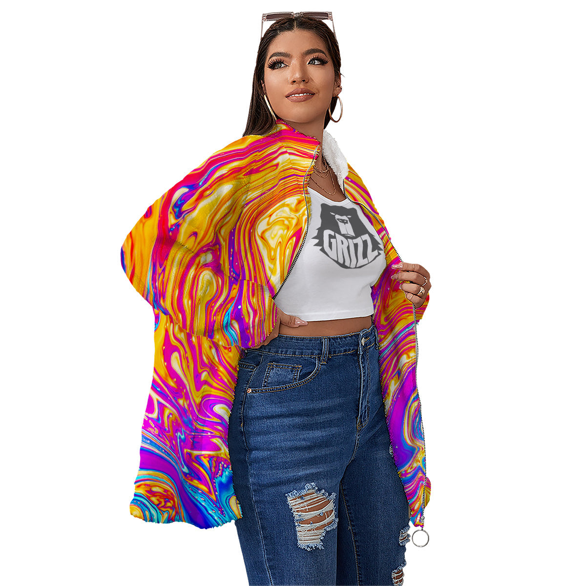 Abstract Orange Psychedelic Print Women's Sherpa Jacket-grizzshop